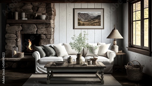 Rustic farmhouse living room with a plush white couch, a vintage wooden coffee table and a stone fireplace. generative ai