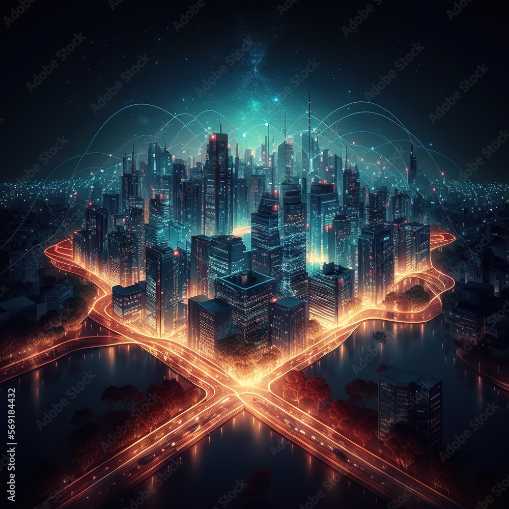 Contemporary city with a wireless network connection and a cityscape concept. Concept of wireless network and connection technology with city background, generative ai