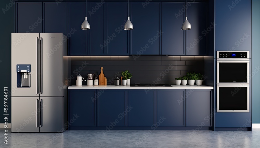 Modern minimalist kitchen with stainless steel appliances and a dark blue backsplash. generative ai - obrazy, fototapety, plakaty 