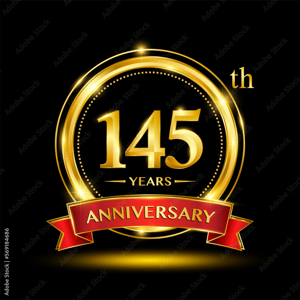 145th Anniversary logo with emblem shape. Logo design with gold ring and red ribbon for birthday celebration event. Logo Vector Template 145th Anniversary logo with emblem shape. Logo design with gold ring and red ribbon for birthday celebration event. Logo Vector Template