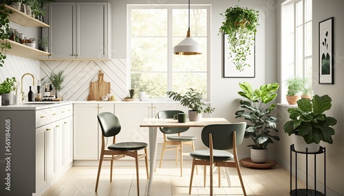 Fotografiet A Scandinavian-inspired kitchen with white cabinetry, a light wood dining table and chairs, and a large green indoor plant