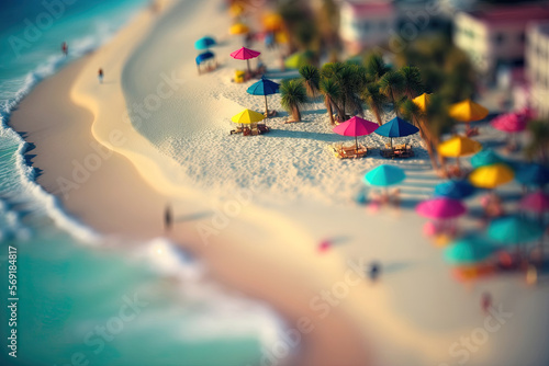 Generative AI, Exotic beach landscape panorama, beautiful ocean view. Nature summer Illustration, photorealistic tilt shift horizontal banner, travel and vacation concept. photo