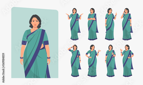 Indian woman character set. Middle aged lady, Character Different poses and emotions