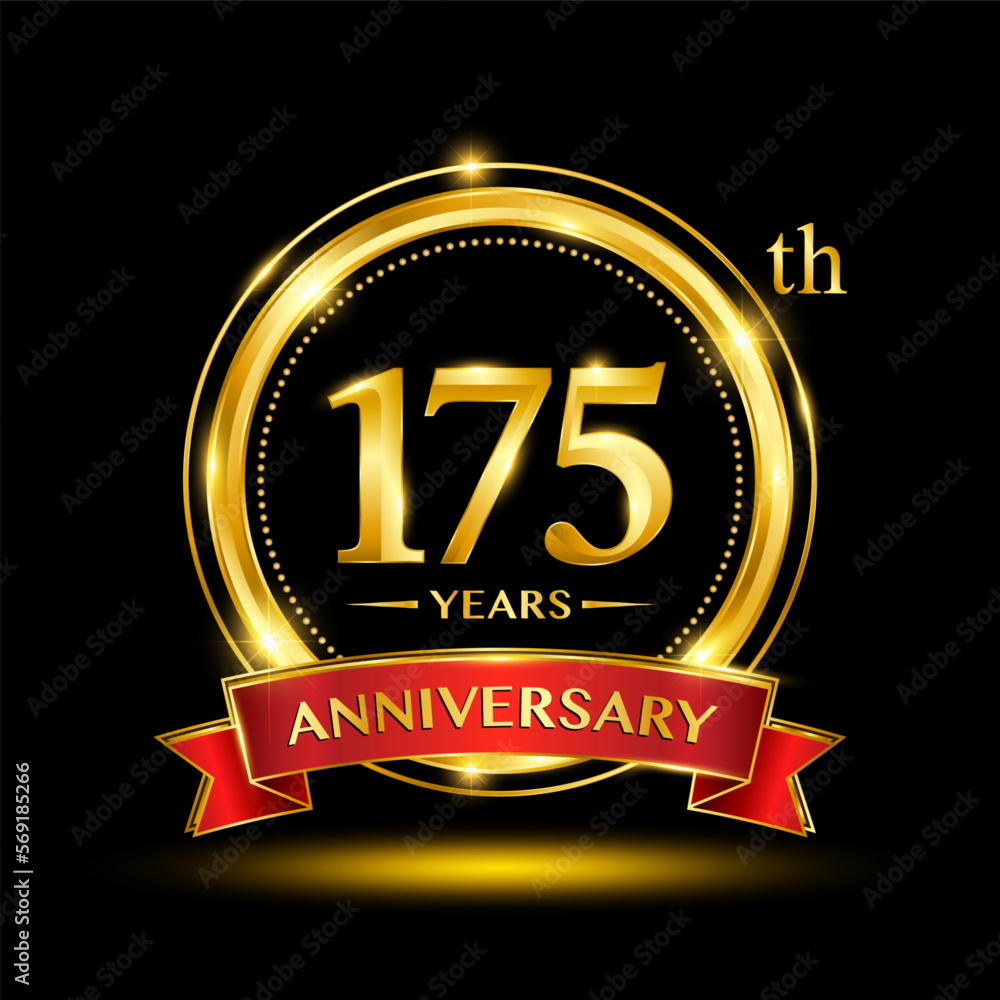 175th Anniversary logo with emblem shape. Logo design with gold ring and red ribbon for birthday celebration event. Logo Vector Template 175th Anniversary logo with emblem shape. Logo design with gold ring and red ribbon for birthday celebration event. Logo Vector Template