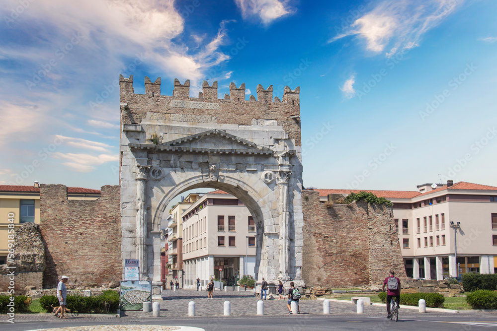 Beautiful view of the Arch of Emperor Augustus in Rimini, Italy