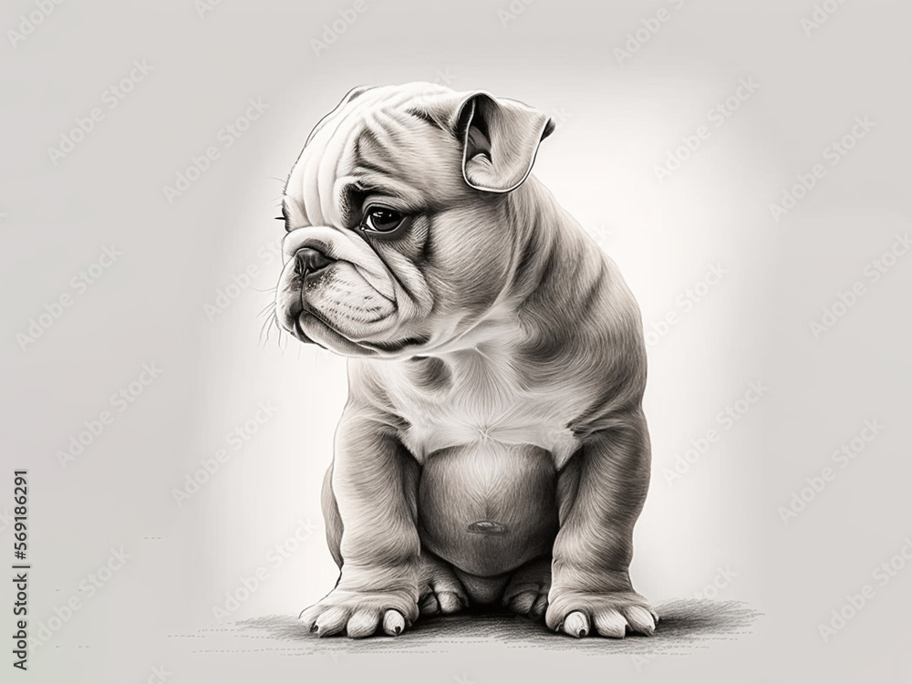 AI generated: black and white drawing of adorable bulldog puppy