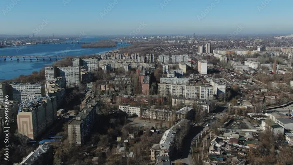 Top view of the left bank. Solnechny district, Dnipro, Ukraine. Residential houses, sleeping area. Panoramic view. Ukrainian city before the war. Top view of the left bank. Solnechny district, Dnipro, Ukraine. Residential houses, sleeping area. Panoramic view. Ukrainian city before the war.