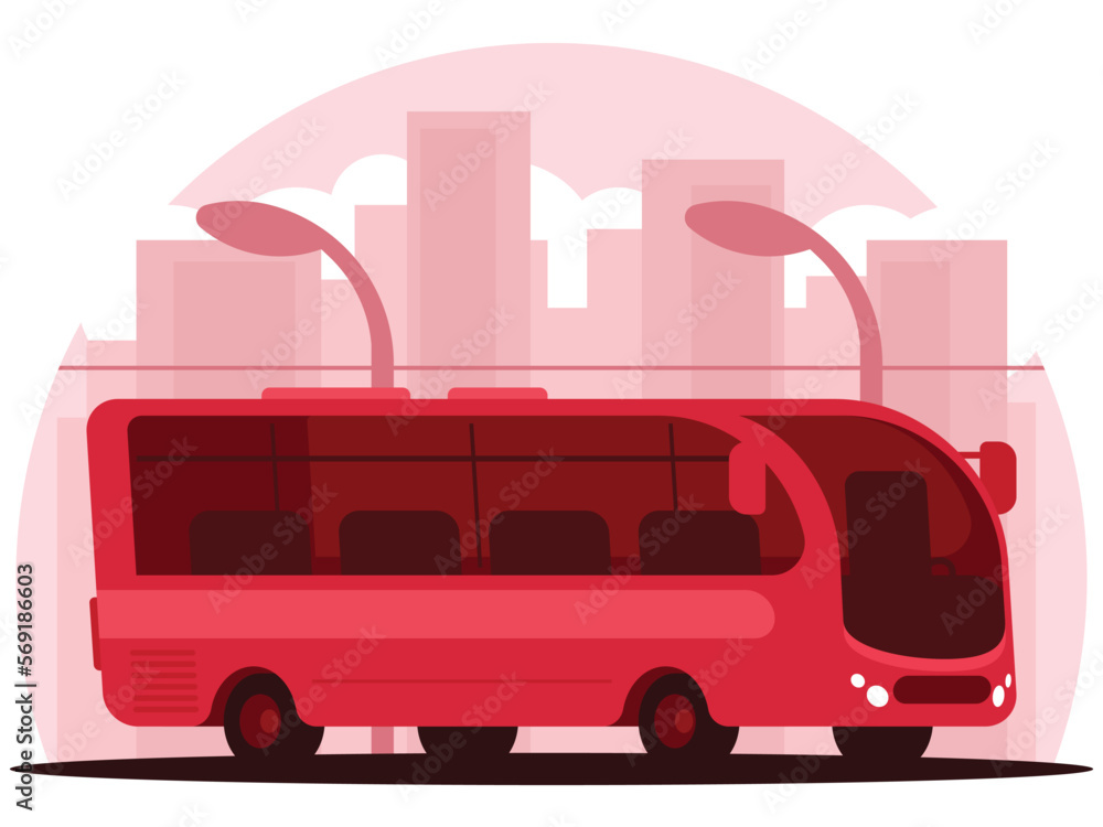 Passenger bus. Transport travel bus on the background of the city landscape. Vector graphics