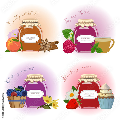 Jam glass jar set. Peach, strawberry, raspberry, blueberry jam jars, tea cup, flowers, cupcake. Vector illustration