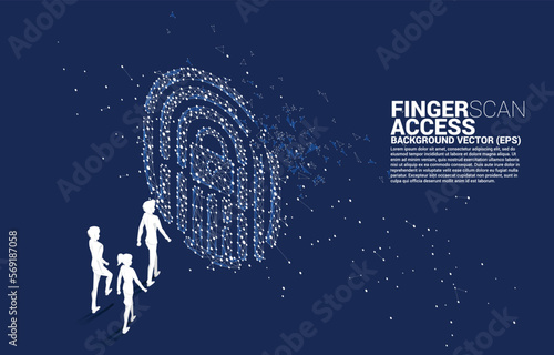 Silhouette businessman walking to thumbprint icon from dot connect line polygon. background concept for finger scan technology and privacy access.