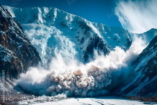 Photo The collapse of the snow avalanche in the mountains, a powerful cloud of snow dust blizzard
