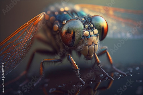 Macro close up of dragonfly isolated by rough defocused surface environment. Generative AI illustration.