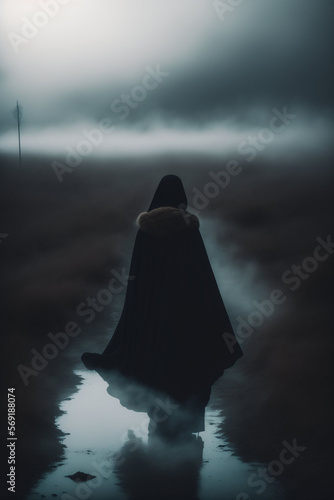 Une silhouette de femme avec une cape noir qui marche dans la brume dans l'eau - generative AI photo