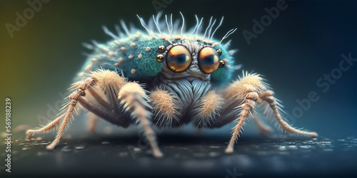 Tarantula spider closeup macro portrait stand on ground with defocused background. Generative AI illustration. © mnjrstd