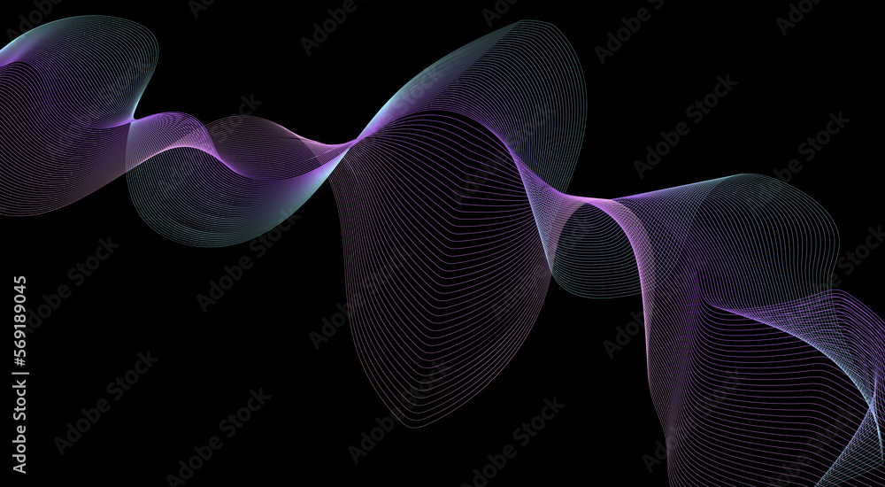 Fototapeta premium Wave line background with smooth shape. Beautiful wavy gadiant line on a black background. Horizontal banner template. Abstract futuristic template. Scientific technological wallpaper.