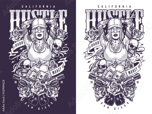 Hustle California girl flyer monochrome