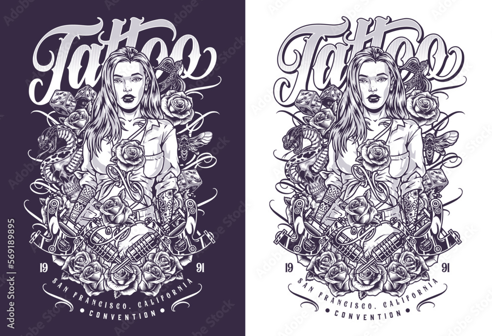 Girl tattoo convention monochrome flyer Girl tattoo convention monochrome flyer