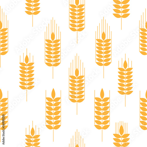 Seamless pattern of golden ripe wheat spikelets. Agricultural symbol, flour production. Vector silhouette of wheat. Illustration on a white background.