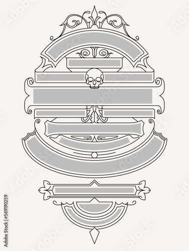An ornate outlined vertical graphic layout with skeleton details.