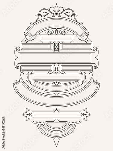 An ornate outlined vertical graphic layout.