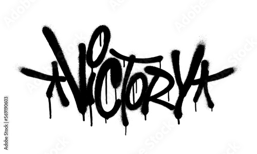 Sprayed victory font graffiti with overspray in black over white. Vector illustration.