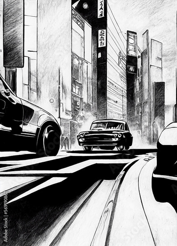 black and white cars manga style