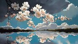  a painting of flowers and clouds reflected in the still water of a lake under a cloudy blue sky with white clouds and a reflection of the sky.  generative ai
