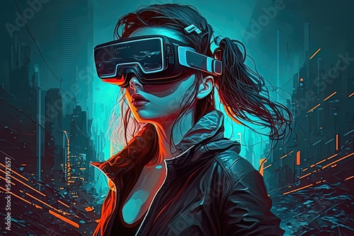 Metaverse technology neon concept. Woman with VR virtual reality goggles. Neon light. AI © MiaStendal