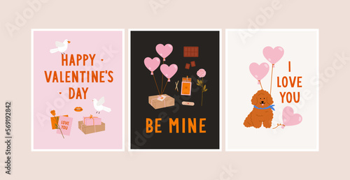 Valentine's Day holiday greeting cards. Gifts, animals, flowers. Concept of romance, love, gifts. 