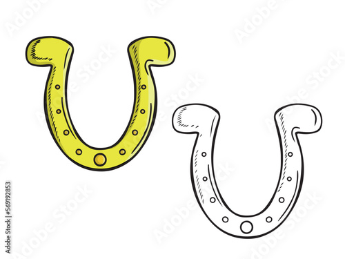 Decorative golden horseshoe for luck isolated on white background. Hand drawn vector sketch illustration in doodle engraved vintage outline style. St. Patrick's day, wealth, lucky, symbol, fortune.