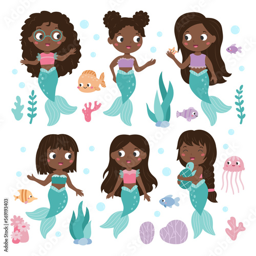 Set of mermaid princess. Mermaid African characters. Sea and ocean animals. Cute fish. Hand drawn seaweeds and corals. Vector illustration.