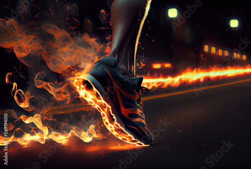 Burning sport shoe with fire flames under sole on black background. Generative AI