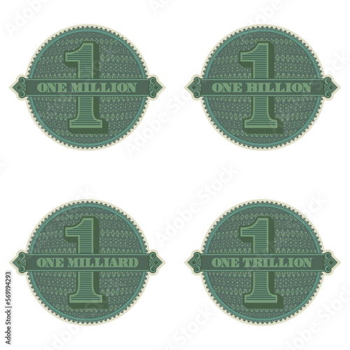 Vector set of round icons with ribbon. Stickers or badges. Financial seals with denominations of one million, billion and trillion. Green chips or tokens on a white isolated background.