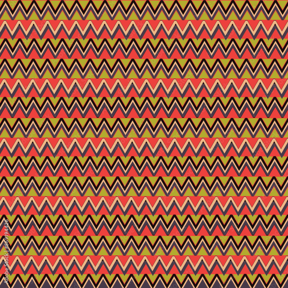 Abstract background in the form of zigzags and triangles. Red, green and violet print Abstract background in the form of zigzags and triangles. Red, green and violet print