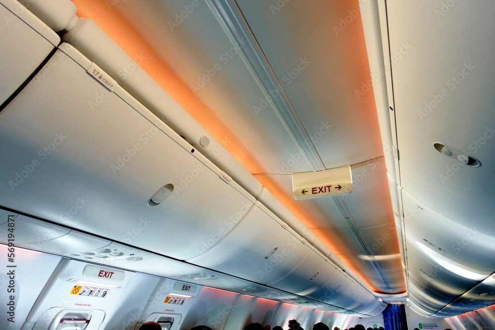 Emergency exit signs in a commercial airplane. Stock Photo | Adobe Stock