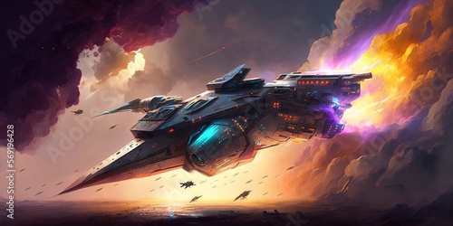 Slika na platnu "Spaceship in Dark Teal Sky": Action-packed digital illustration with stylized realism