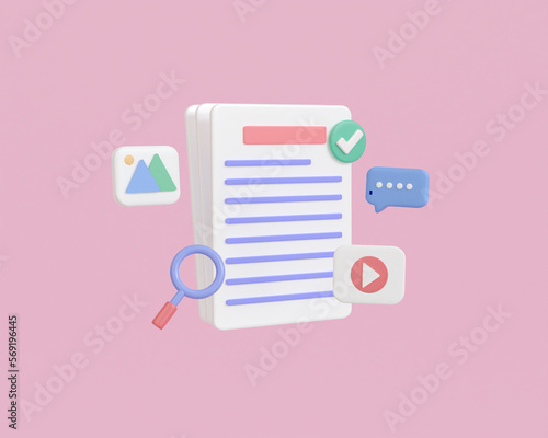 3d render folder document and paper file on pink background. search files digital data with media icon. online document management concept. 3d rendering illustrator minimal.