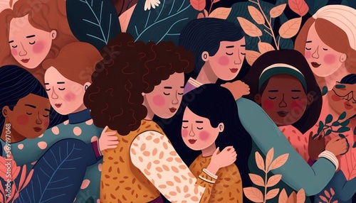 Woman's Day, 8 of March, embrace equity, diverse women hugging herself, generative ai