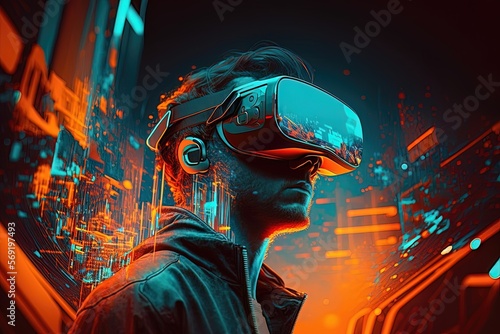 Metaverse technology neon concept. Man with VR virtual reality goggles. Neon light. AI