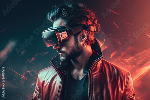 Metaverse technology neon concept. Man with VR virtual reality goggles. Neon light. AI © MiaStendal