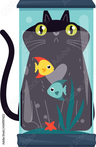 Cat play with fish in aquarium flat icon