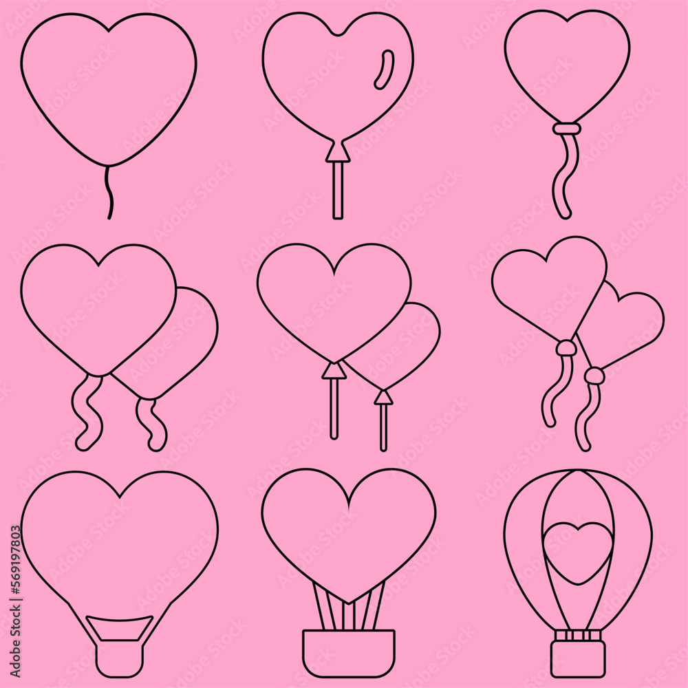 Balloon outline vector illustration. Heart shaped balloon outline icon design element. Set of valentine graphic resource. Valentine balloon outline resources collection