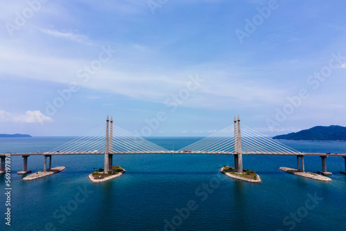 Full aerial view of the Penang bridge in day time.