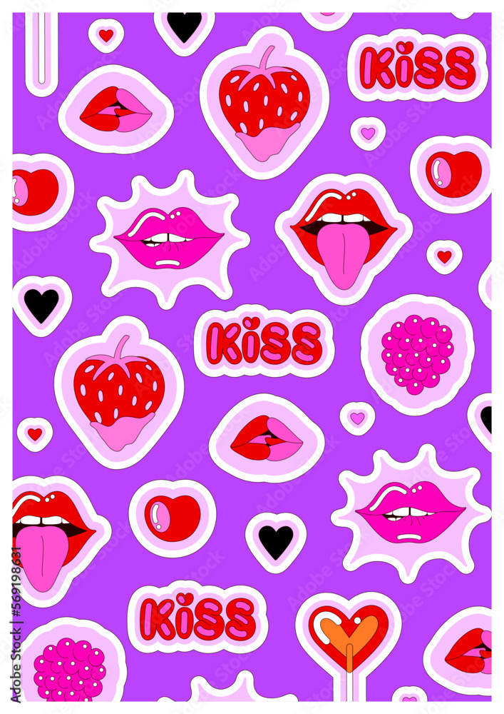 Bright hot sensual composition of woman lips, kisses, berries and hearts on purple background. Vector illustration for Valentine's Day. Love and passion. Poster, postcard, cover