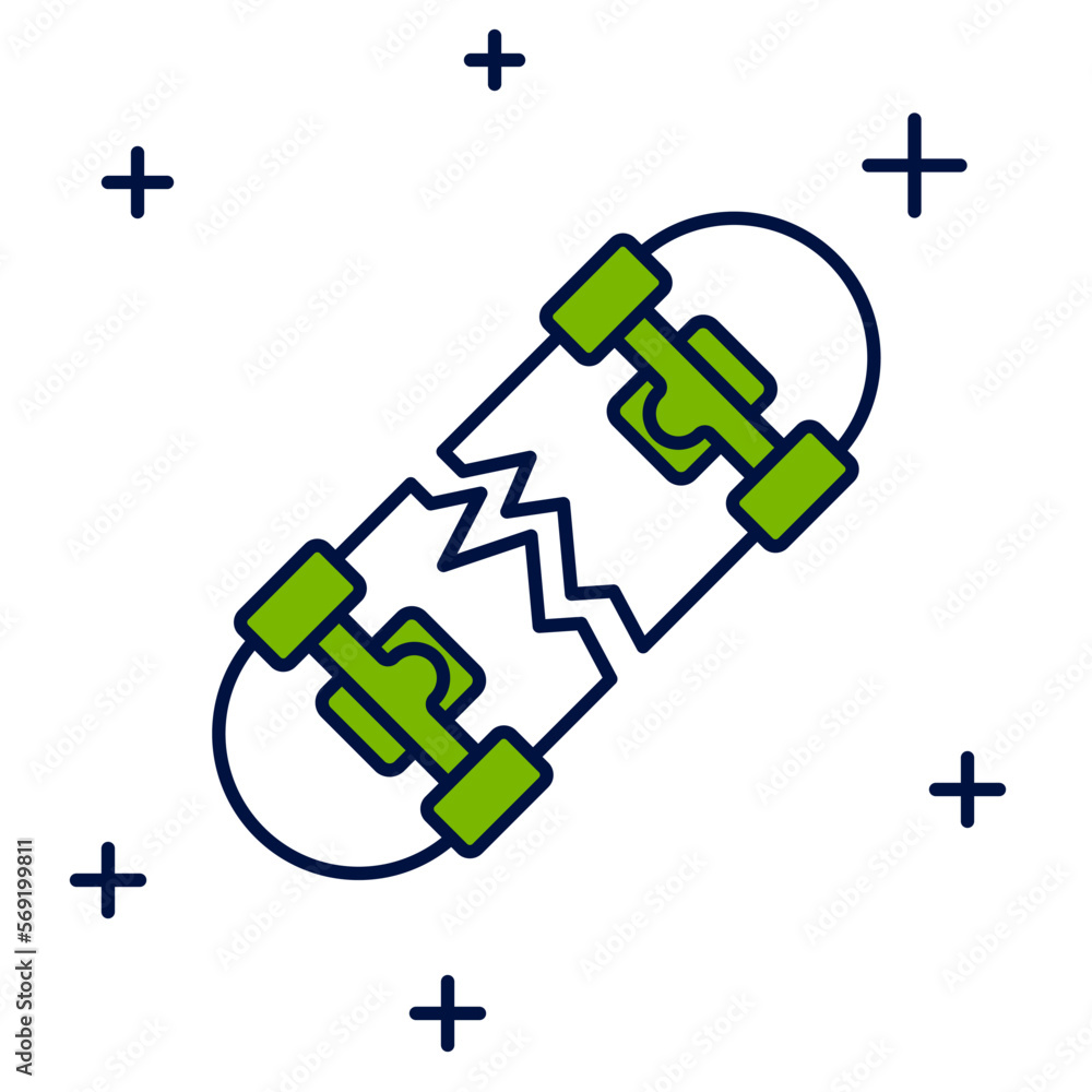 Filled outline Broken skateboard icon isolated on white background. Extreme sport. Sport equipment. Vector Filled outline Broken skateboard icon isolated on white background. Extreme sport. Sport equipment. Vector