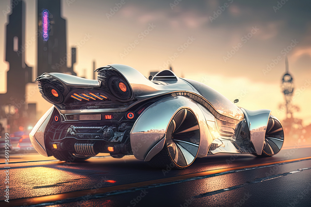 Futuristic chrome car on the background of a modern city with skyscrapers and towers, neon sunset. AI Futuristic chrome car on the background of a modern city with skyscrapers and towers, neon sunset. AI