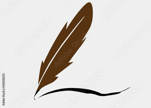 vintage Feather quill pen logo with black ink stroke, scratch icon, classic stationery illustration