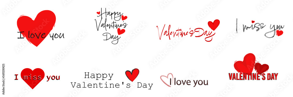 Set of inscriptions happy valentine's day, I miss you, I love you. romantic illustrations
