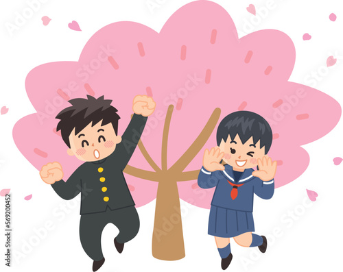 満開の桜の木の前でジャンプする中高生　入学式　卒業式