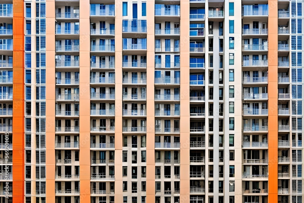 Wall of an apartment block with balconies, mady by Generative AI Wall of an apartment block with balconies, mady by Generative AI